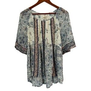 Knox Rose Blouse Women M Multicolored Blue Sheer Floral Ruffle HiLo Cottage Boho